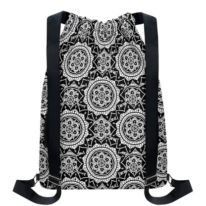 Black And White Boho Mandala Print Drawstring Backpack