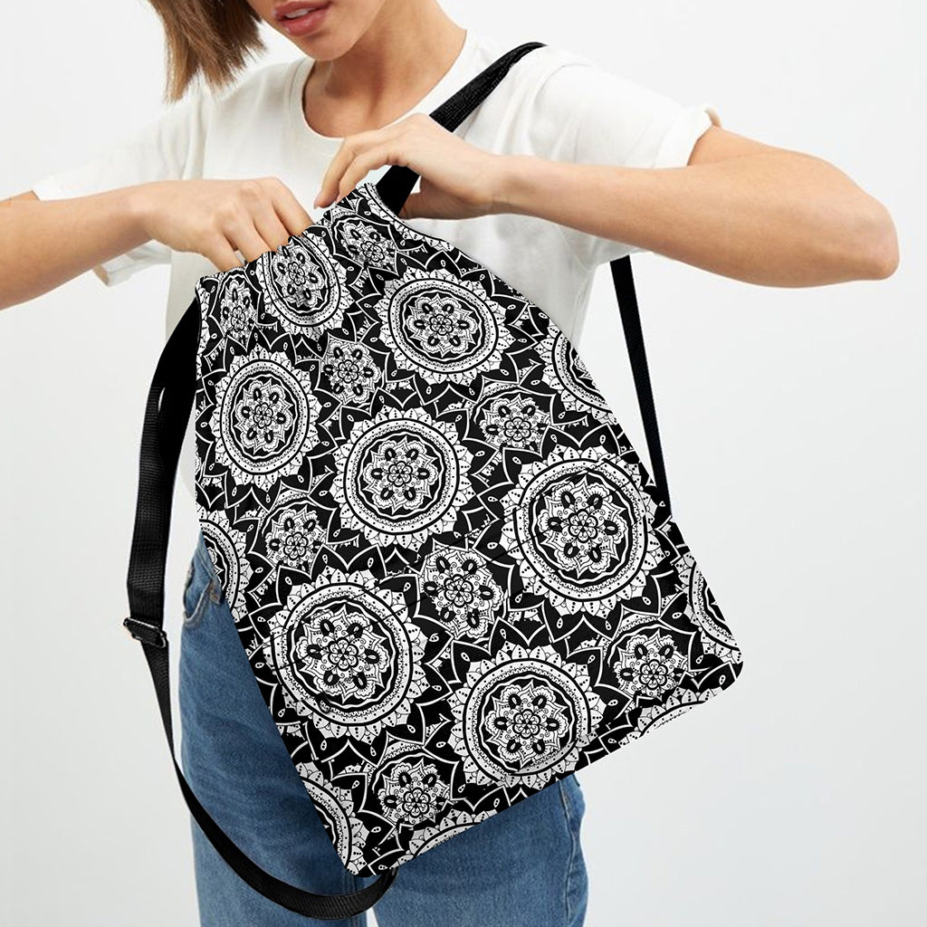 Black And White Boho Mandala Print Drawstring Backpack