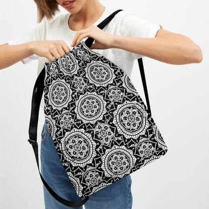 Black And White Boho Mandala Print Drawstring Backpack