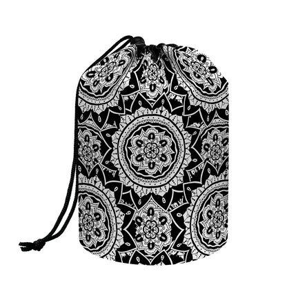 Black And White Boho Mandala Print Drawstring Makeup Bag