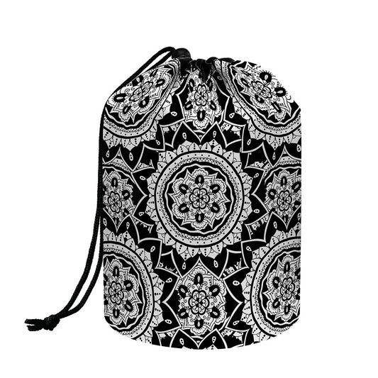 Black And White Boho Mandala Print Drawstring Makeup Bag