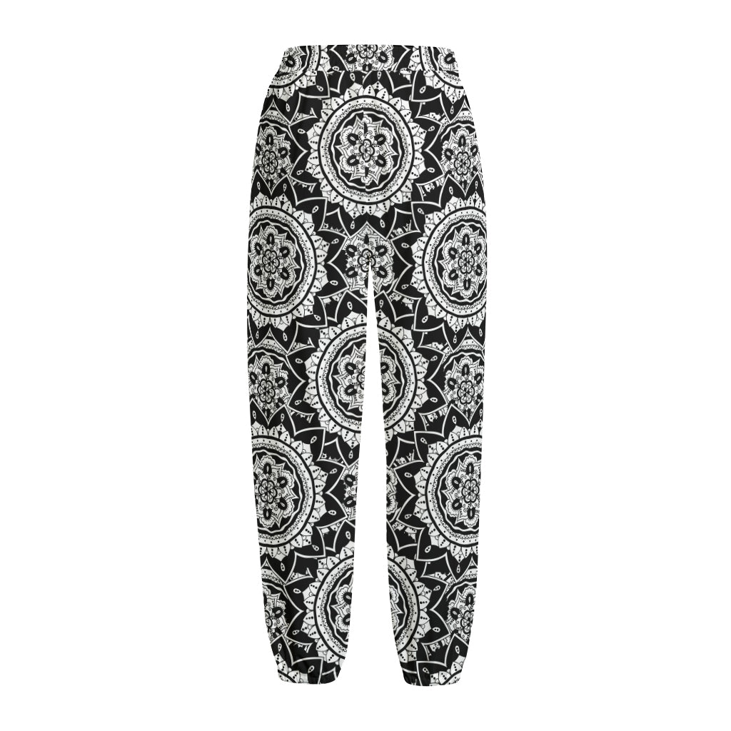 Black And White Boho Mandala Print Fleece Lined Knit Pants