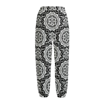 Black And White Boho Mandala Print Fleece Lined Knit Pants