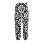 Black And White Boho Mandala Print Fleece Lined Knit Pants