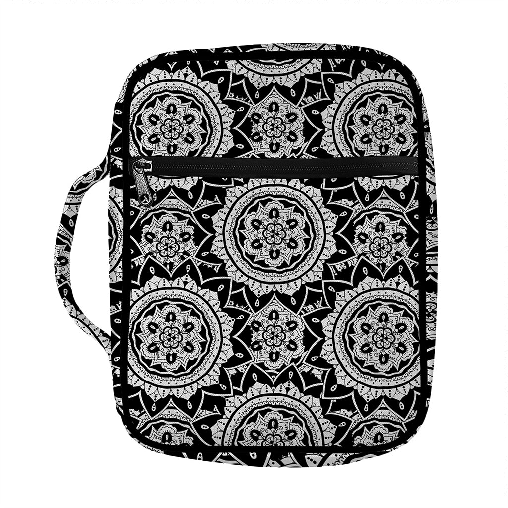 Black And White Boho Mandala Print Front Pocket Bible Bag