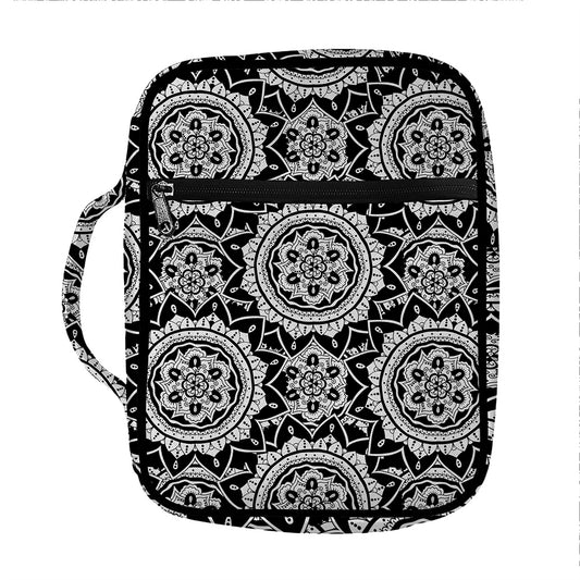 Black And White Boho Mandala Print Front Pocket Bible Bag