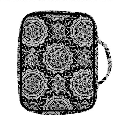 Black And White Boho Mandala Print Front Pocket Bible Bag