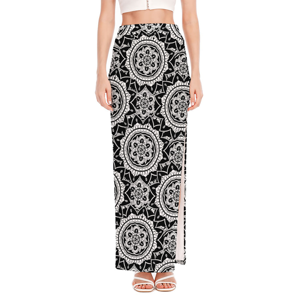 Black And White Boho Mandala Print High Slit Maxi Skirt
