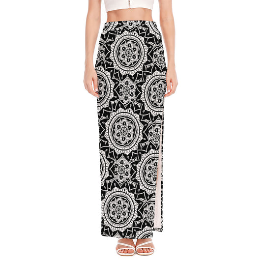 Black And White Boho Mandala Print High Slit Maxi Skirt
