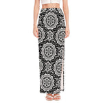 Black And White Boho Mandala Print High Slit Maxi Skirt