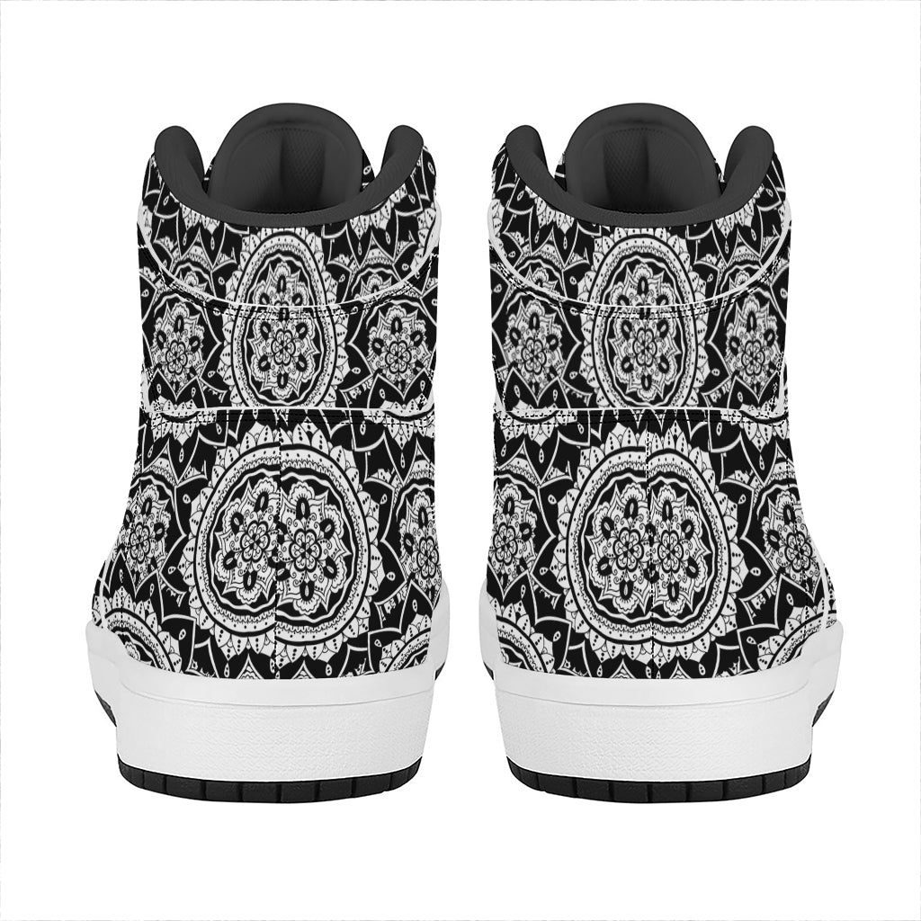 Black And White Boho Mandala Print High Top Leather Sneakers