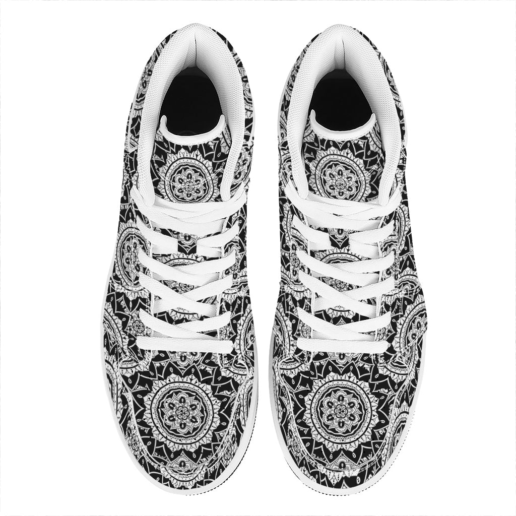 Black And White Boho Mandala Print High Top Leather Sneakers
