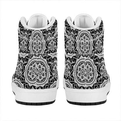 Black And White Boho Mandala Print High Top Leather Sneakers