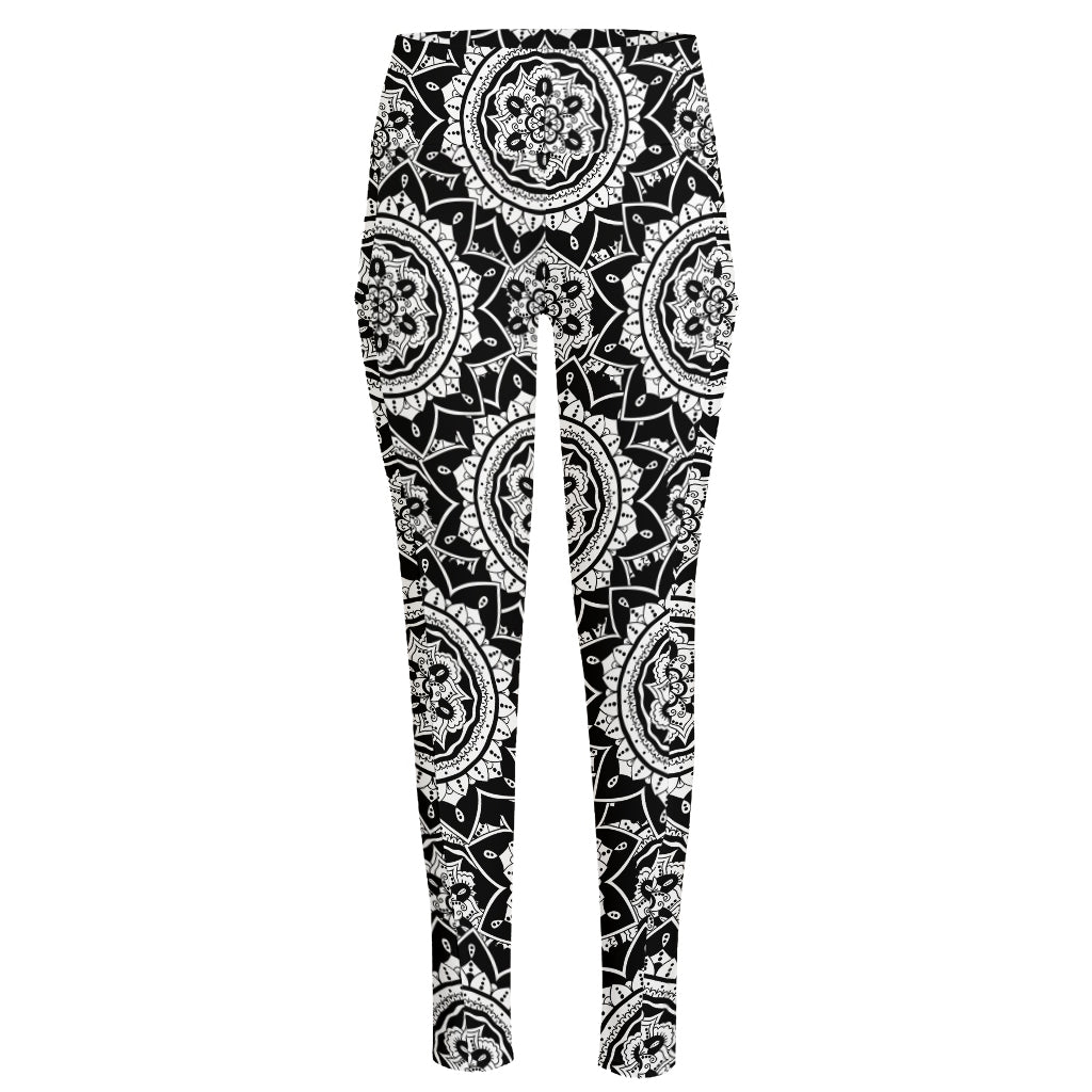 Black And White Boho Mandala Print High-Waisted Pocket Leggings