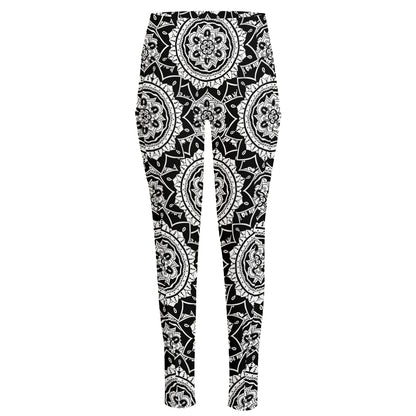 Black And White Boho Mandala Print High-Waisted Pocket Leggings