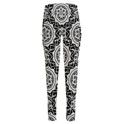 Black And White Boho Mandala Print High-Waisted Pocket Leggings