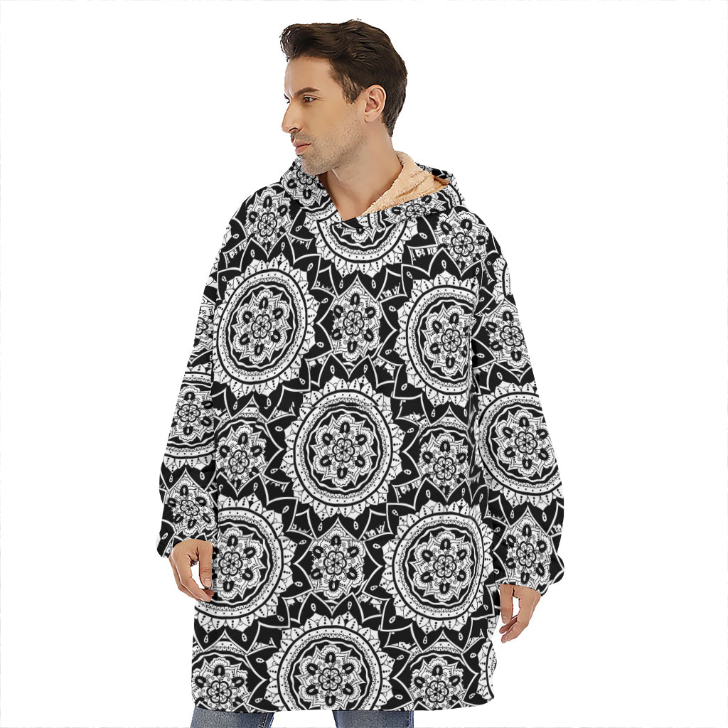 Black And White Boho Mandala Print Hoodie Blanket