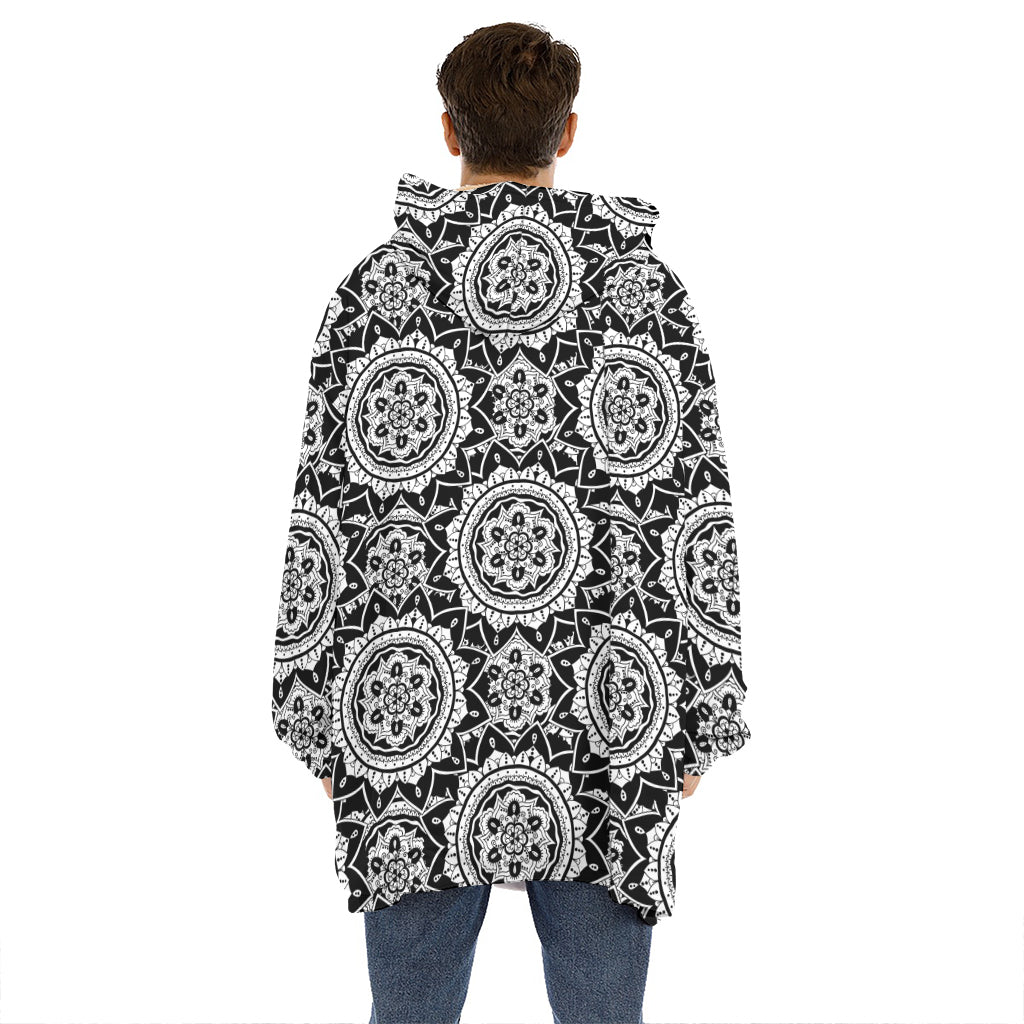 Black And White Boho Mandala Print Hoodie Blanket