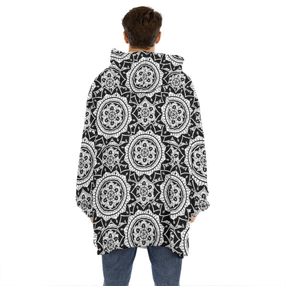Black And White Boho Mandala Print Hoodie Blanket