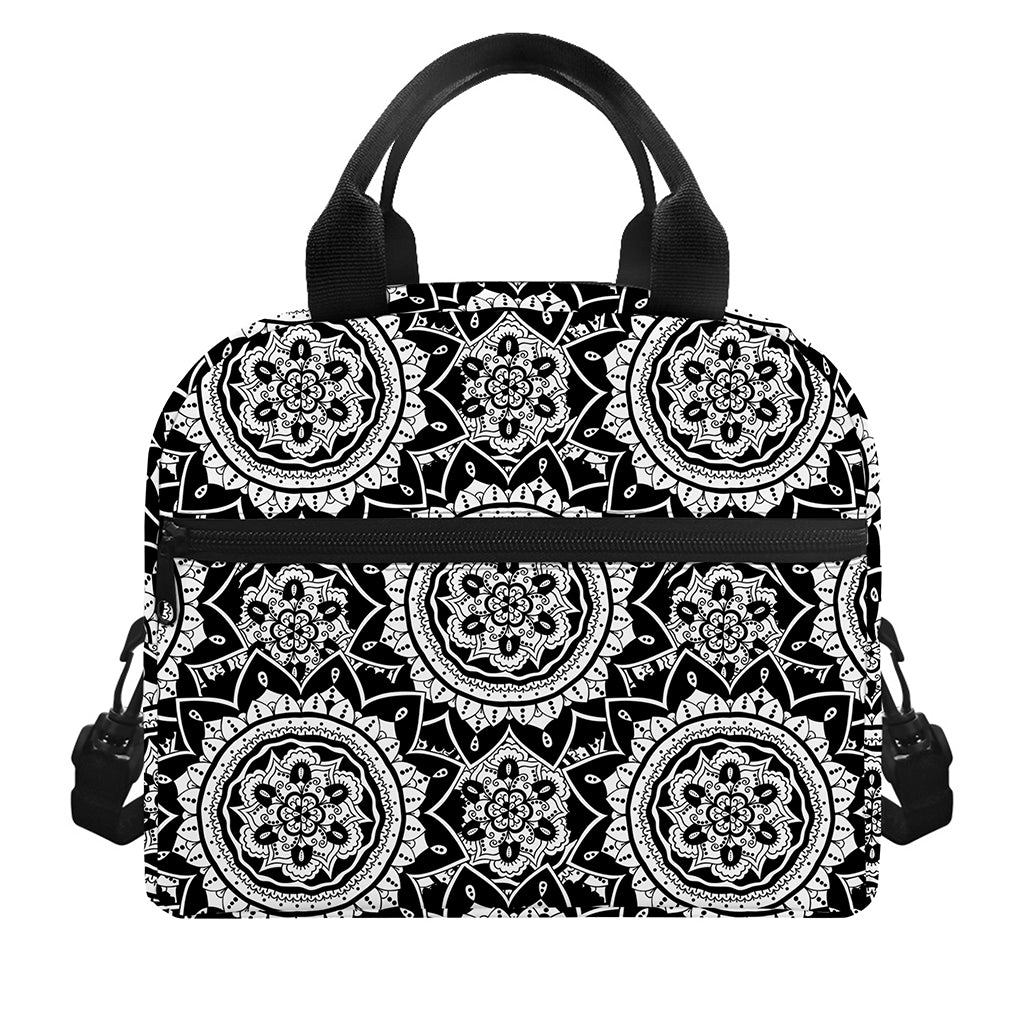 Black And White Boho Mandala Print Insulated Lunch Bag