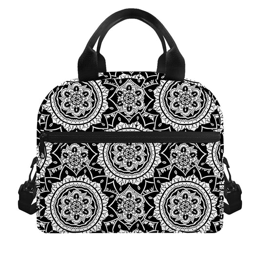 Black And White Boho Mandala Print Insulated Lunch Bag