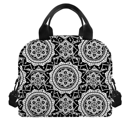 Black And White Boho Mandala Print Insulated Lunch Bag