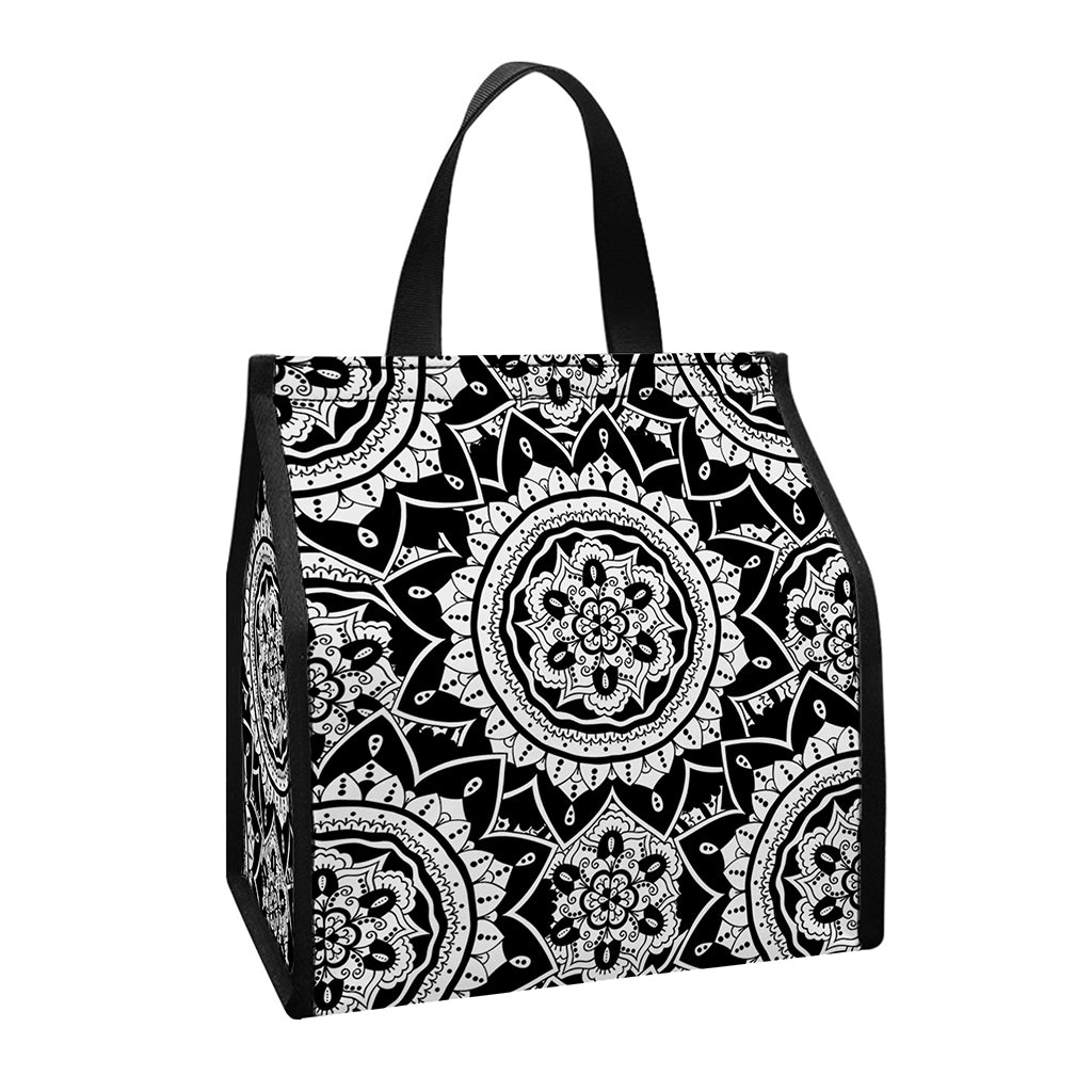Black And White Boho Mandala Print Insulated Lunch Tote