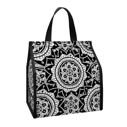 Black And White Boho Mandala Print Insulated Lunch Tote