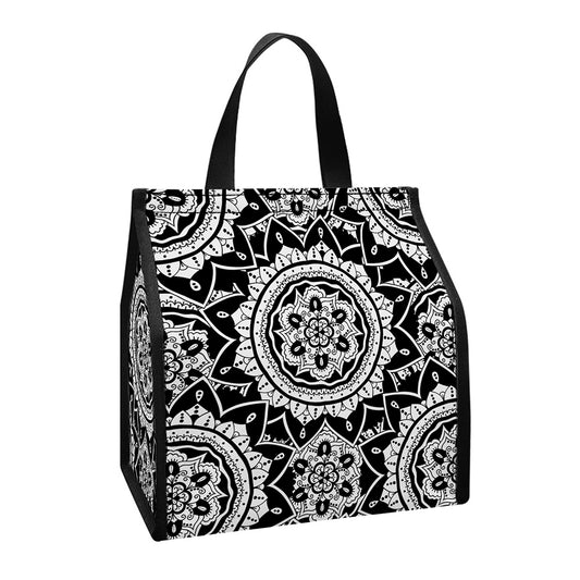 Black And White Boho Mandala Print Insulated Lunch Tote