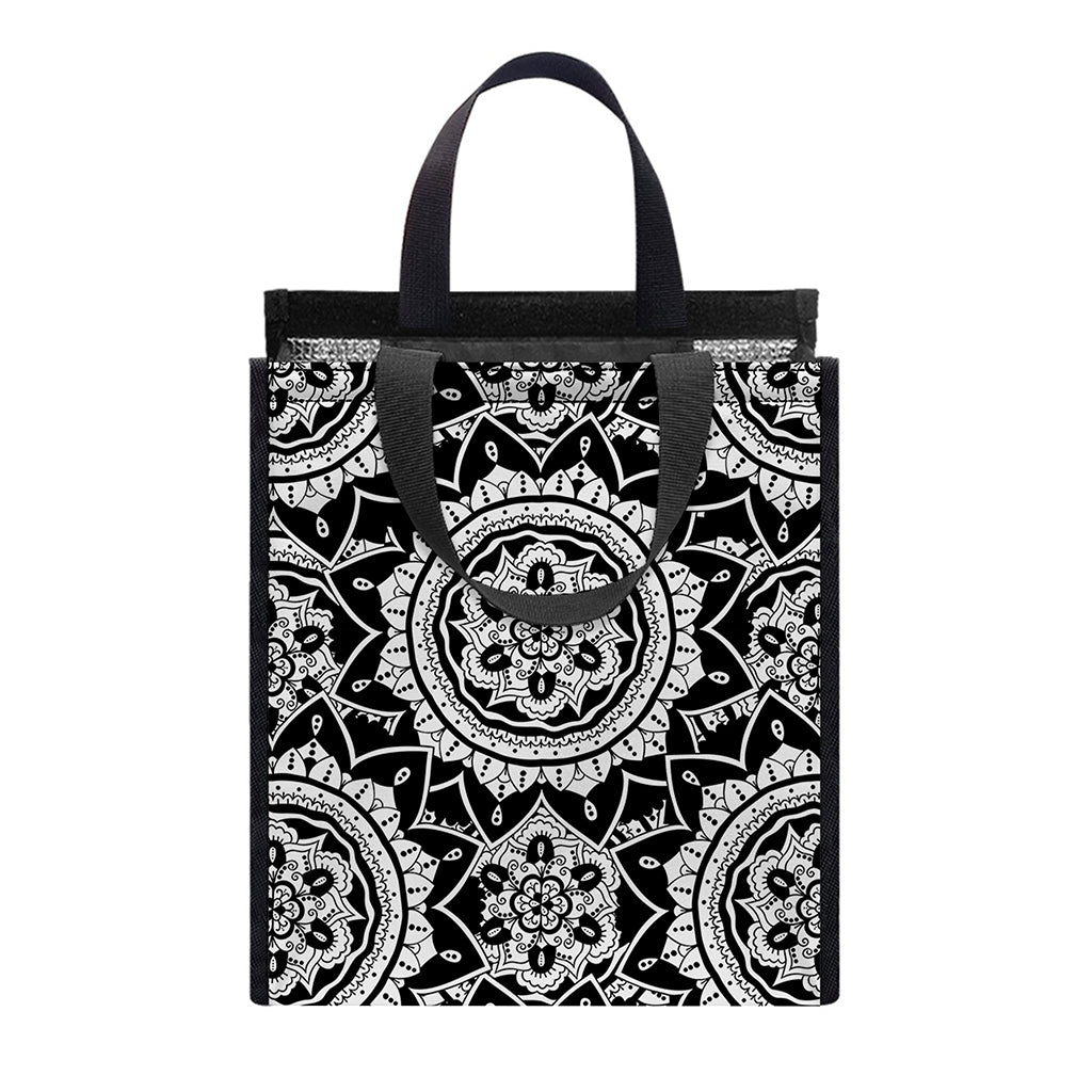 Black And White Boho Mandala Print Insulated Lunch Tote