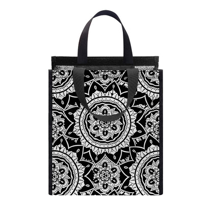Black And White Boho Mandala Print Insulated Lunch Tote