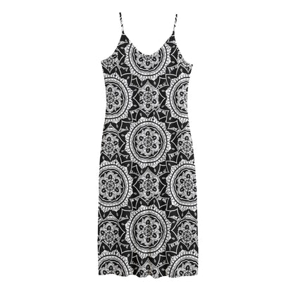 Black And White Boho Mandala Print Jersey Midi Cami Dress