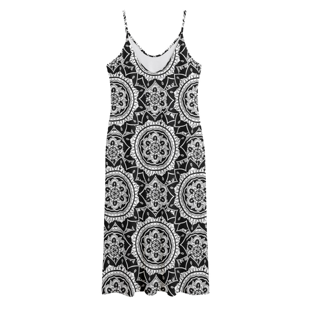 Black And White Boho Mandala Print Jersey Midi Cami Dress