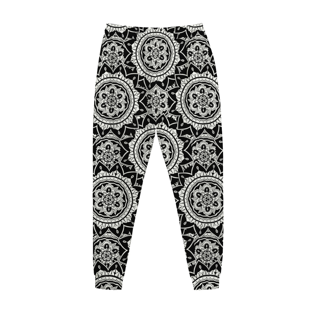 Black And White Boho Mandala Print Jogger Pants