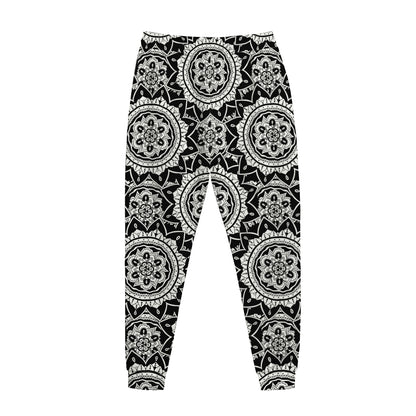 Black And White Boho Mandala Print Jogger Pants