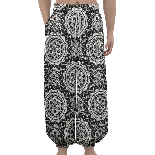 Black And White Boho Mandala Print Lantern Pants