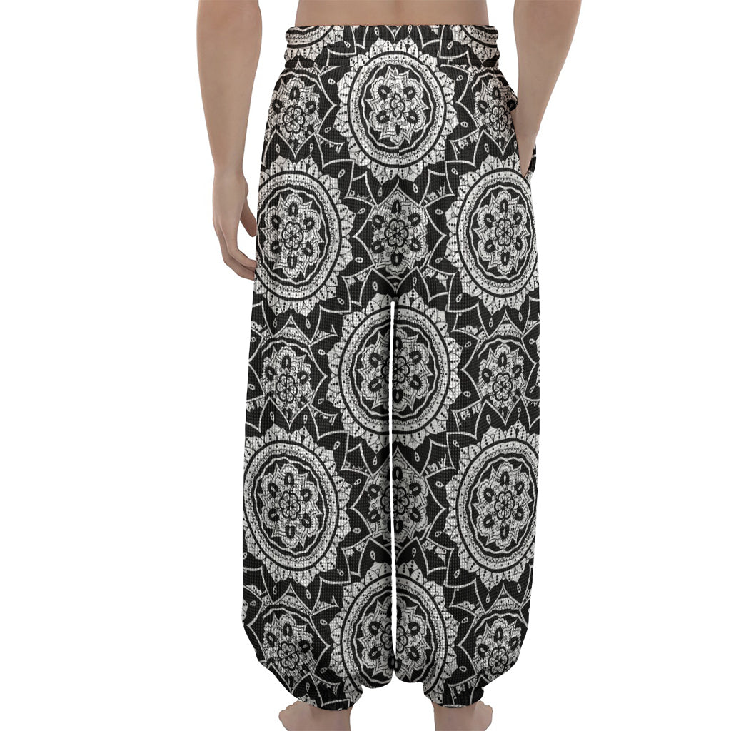 Black And White Boho Mandala Print Lantern Pants