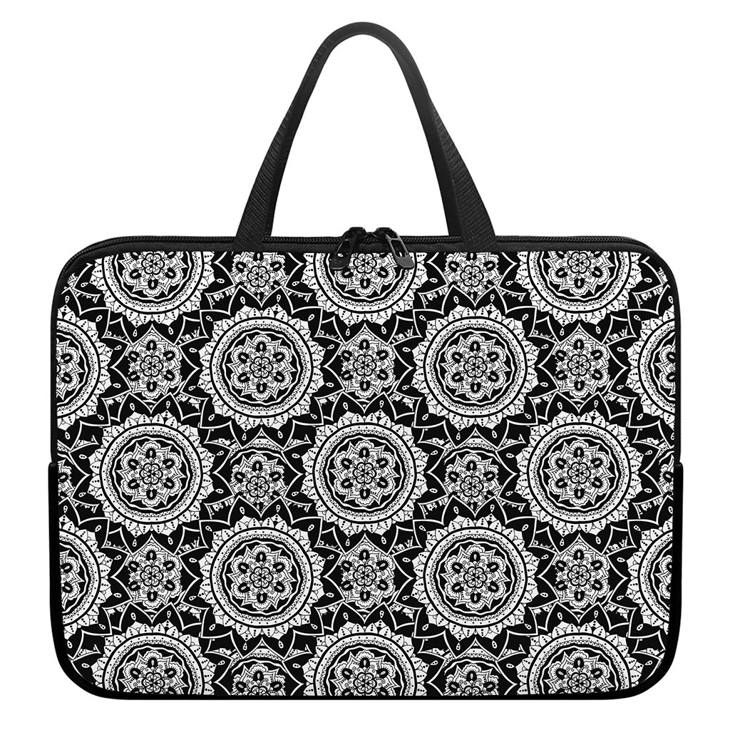 Black And White Boho Mandala Print Laptop Sleeve With Handle