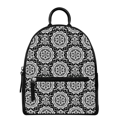 Black And White Boho Mandala Print Leather Backpack