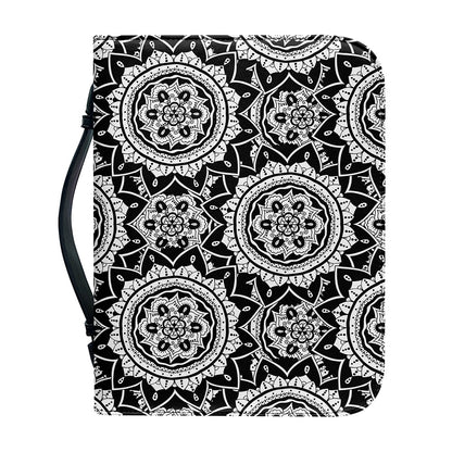 Black And White Boho Mandala Print Leather Bible Cover