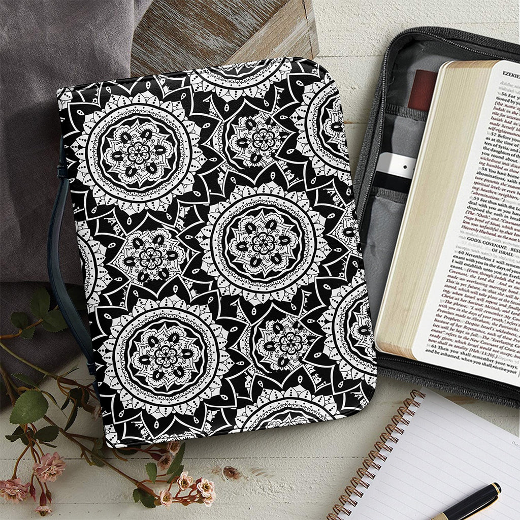 Black And White Boho Mandala Print Leather Bible Cover