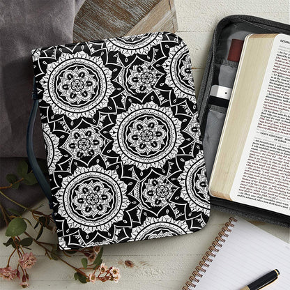 Black And White Boho Mandala Print Leather Bible Cover