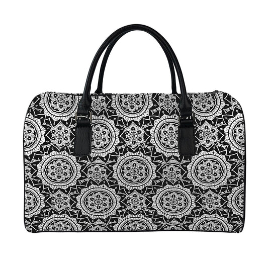 Black And White Boho Mandala Print Leather Duffle Bag