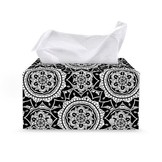Black And White Boho Mandala Print Leather Tissue Box Cover