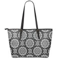 Black And White Boho Mandala Print Leather Tote Bag With Zipper