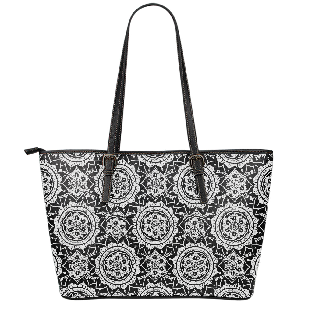 Black And White Boho Mandala Print Leather Tote Bag