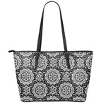 Black And White Boho Mandala Print Leather Tote Bag