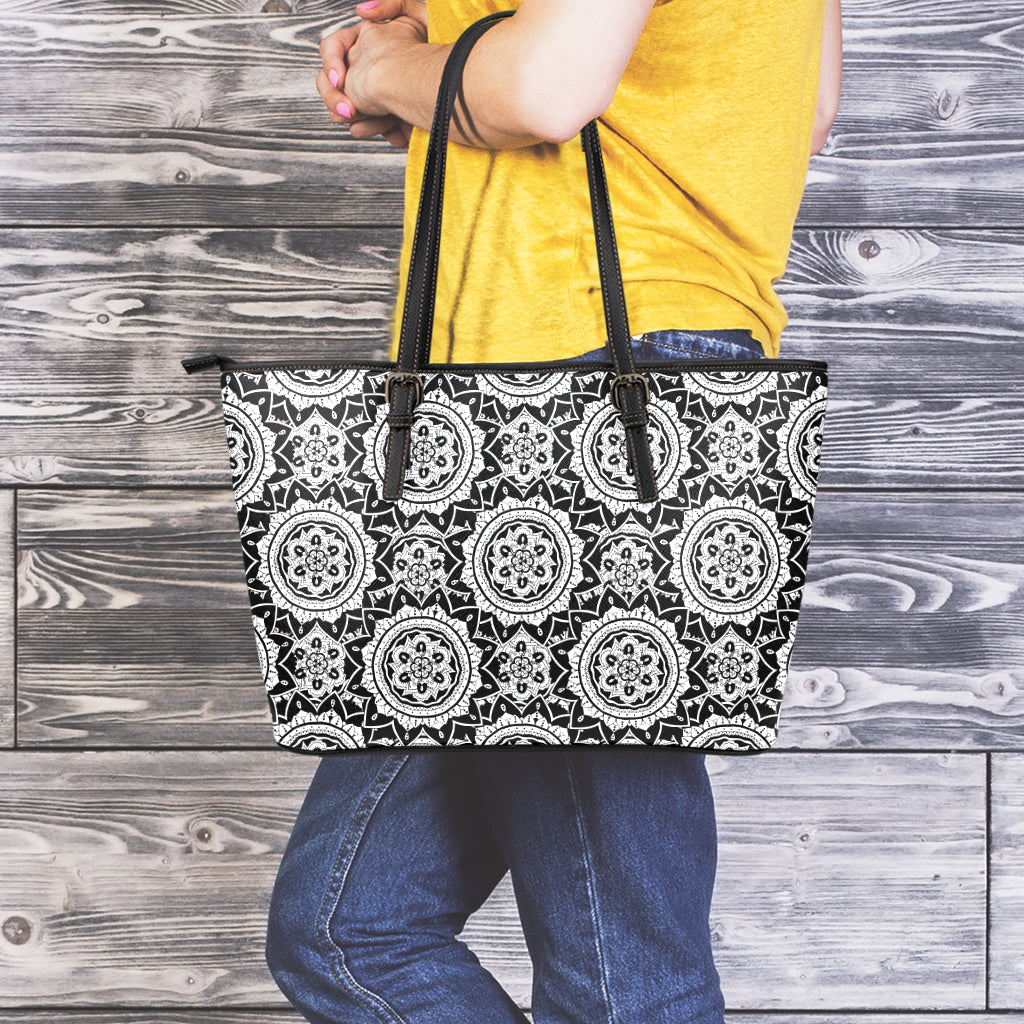 Black And White Boho Mandala Print Leather Tote Bag