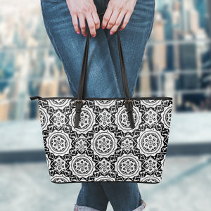 Black And White Boho Mandala Print Leather Tote Bag