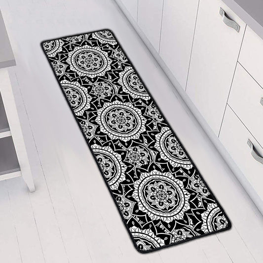 Black And White Boho Mandala Print Long Kitchen Mat